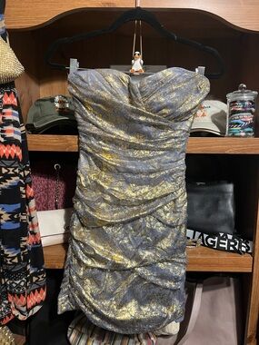 Strapless Gold and Gray Ruched Cocktail Dress
